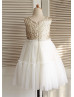 Matte Sequin Ivory Tulle Knee Length Ruffled Flower Girl Dress